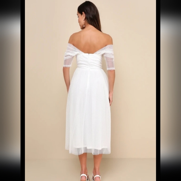 Lulus Heavenly Mood White Mesh Swiss Dot Off-the-Shoulder Midi Dress - Picture 4 of 5